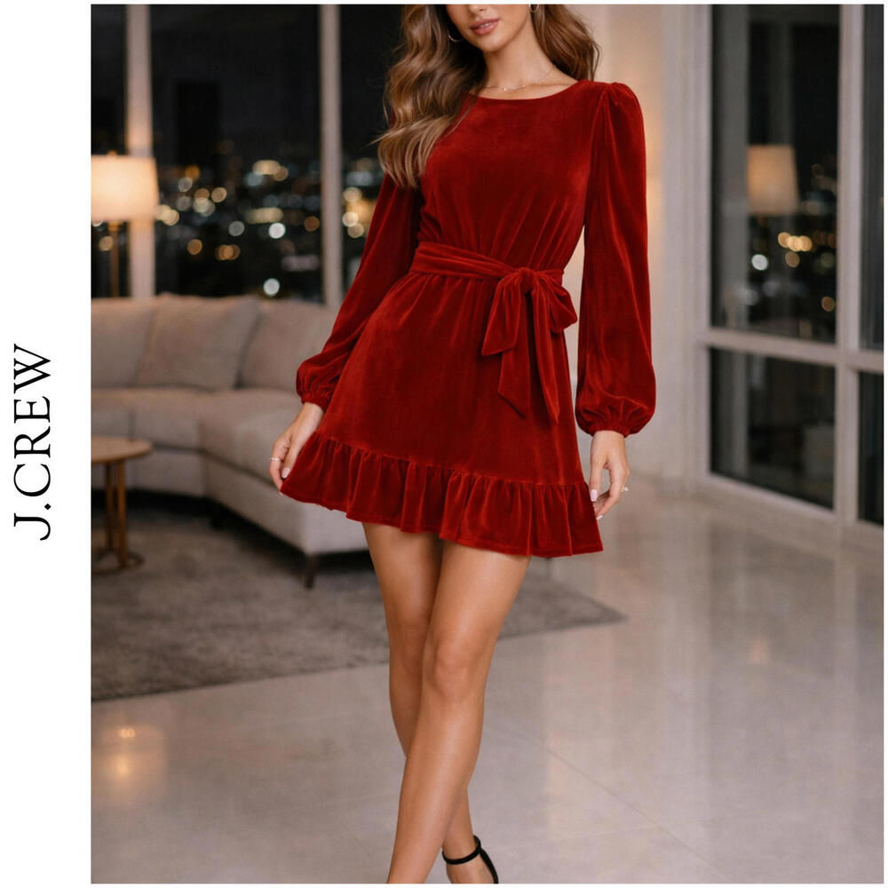 SALE❣️NWT J.CREW Y2K Red Velvet Mini Knee Dress Ruffle Long Sleeve Effortless - Picture 2 of 10